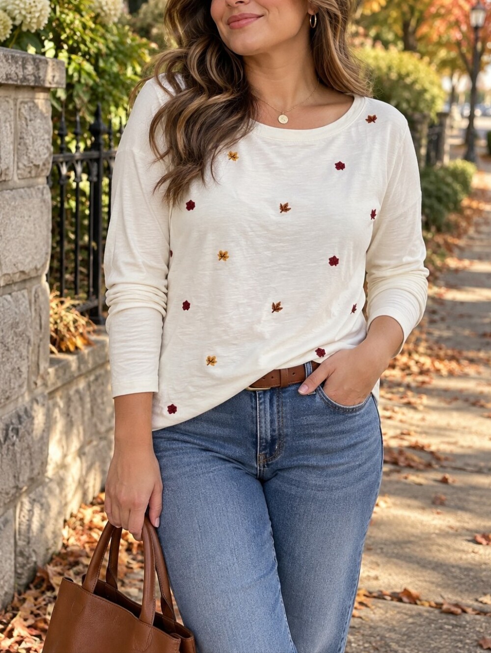 Talbots Petite Cream Embroidered Autumn Leaf Long Sleeve Cotton Tee Top Casual